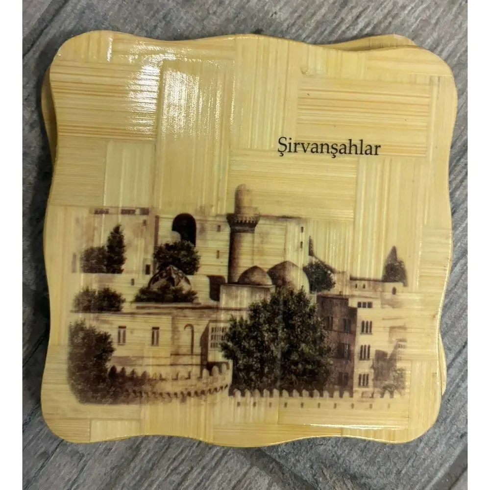 Vintage Azerbaijan Historic Landmarks Bamboo Coaster Set of 6 with Holder Baku